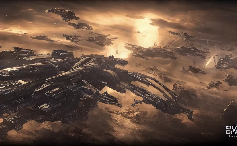 Image similar to space battle in the style of Eve Online, steampunk, ultra high detail, hyperrealism