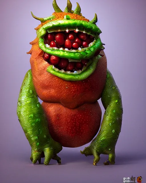 Image similar to a fruit figurine monster made of different fruit, very detailed eyes, very detailed mouth, concept art, oil painting, highly detailed, dramatic lighting, hyperrealistic, 8 k, artstation, cgsociety