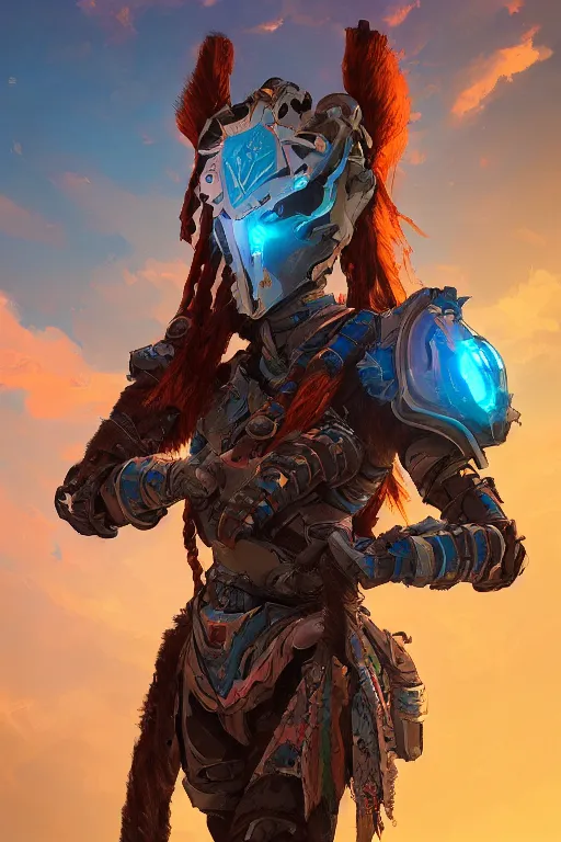 Image similar to combination suit armor aloy horizon forbidden west horizon zero dawn radiating a glowing aura global illumination ray tracing hdr fanart arstation by ian pesty and alena aenami artworks in 4 k tribal robot ninja mask helmet backpack