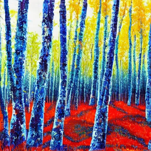 Image similar to a blue and orange forest, four seasons