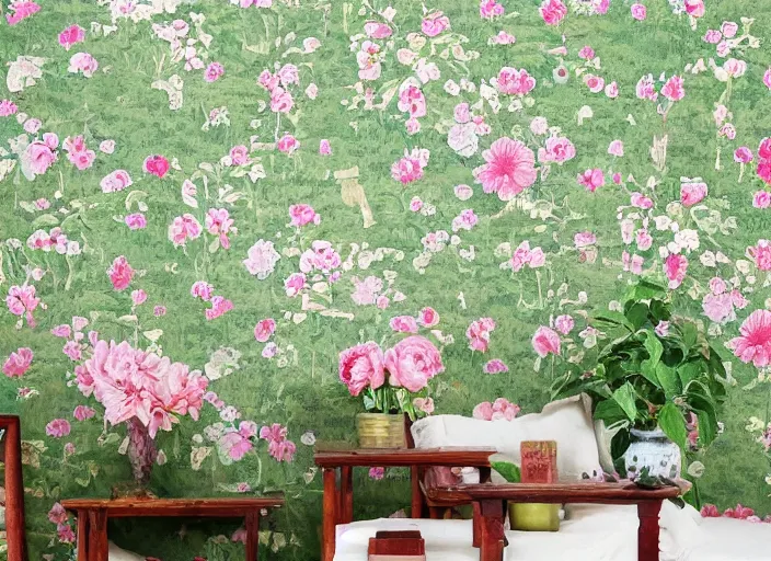Prompt: cute overgrown flower cabin, chinoiserie wallpaper