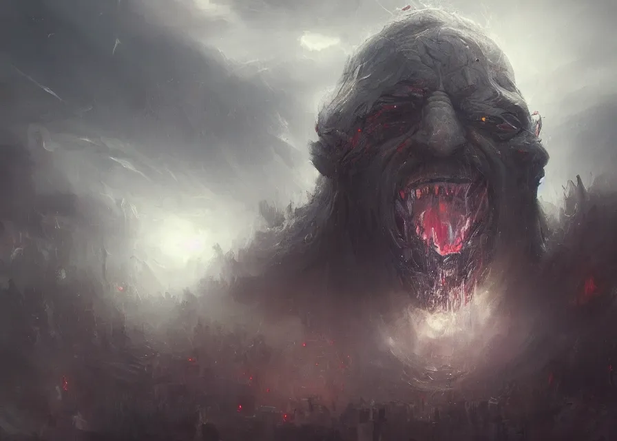 Image similar to abstract painting of giant Joe Biden smiling emperor of the world emerging in dark clouds, immense crowd of people, cosmic horror , trending on ArtStation, masterpiece, by Greg Rutkowski, by Ross Tran, by Fenghua Zhong, octane, lightbeam eyes, soft render, clear facial features, oil on canvas, moody lighting, cinematic, professional environment concept art