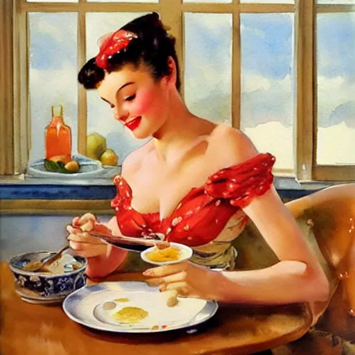 Image similar to woman making breakfast watercolor painting by gil elvgren and vladimir volegov