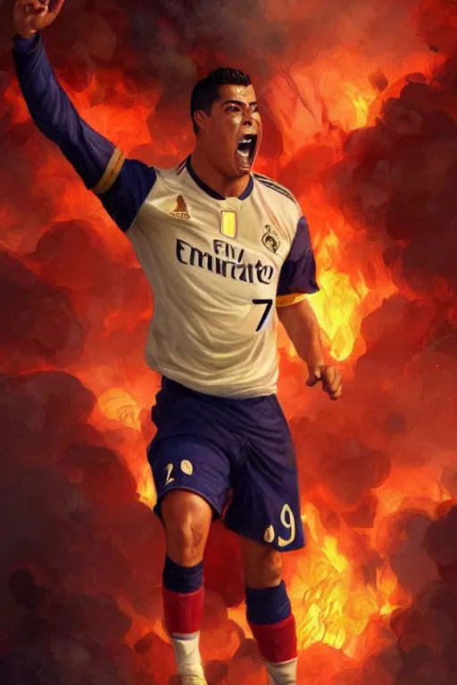 Prompt: ronaldo luis nazario da lima, screaming in the background of fire, football player, highly detailed, digital painting, artstation, concept art, smooth, sharp focus, illustration, art by artgerm and greg rutkowski and alphonse mucha
