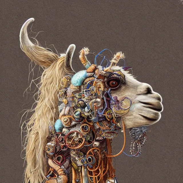 Prompt: llama with dreadlocks, by mandy jurgens, ernst haeckel, james jean. in the style of industrial scifi