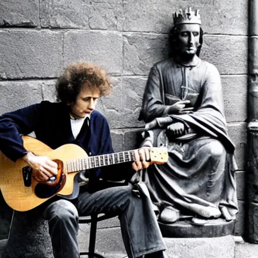 Prompt: bob dylan playing his guitar whilst sitting next to a statue of king alfred the great, photograph