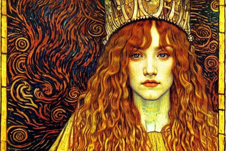 Image similar to detailed realistic beautiful young medieval queen face portrait by jean delville, gustav klimt and vincent van gogh, art nouveau, symbolist, visionary, gothic, pre - raphaelite, muted earthy colors, desaturated