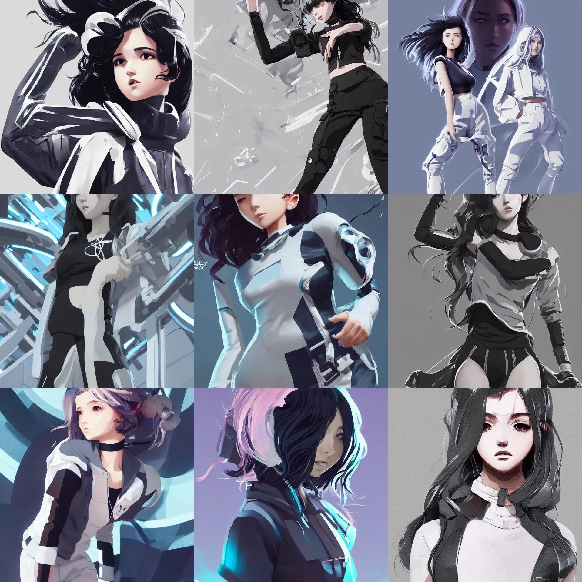 Image similar to uncropped full body poster girl with futuristic streetwear and wavy hair holding her arms crossed, monotone colour palette, cute face, pretty face, anime by kuvshinov ilya, artgerm and greg rutkowski, 4 k, hdr, graphic design, adobe illustrator, behance, trending on artstation