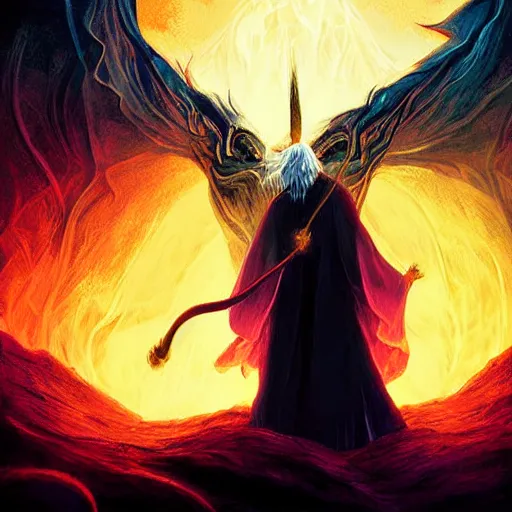 Image similar to Digital art by Anato Finnstark. Gandalf faces the Balrog