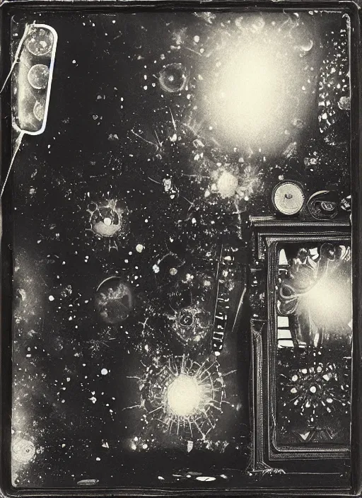 Prompt: old wetplate daguerreotype invention of the universe, explosion of data fragments, fractal, intricate, elegant, highly detailed, parallax, leica, medium format, subsurface scattering, by paul delvaux