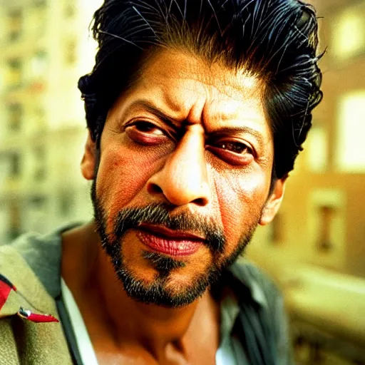 Prompt: closeup portrait of Shahrukh Khan , new york back street , by Steve McCurry and David Lazar, natural light, detailed face, CANON Eos C300, ƒ1.8, 35mm, 8K, medium-format print