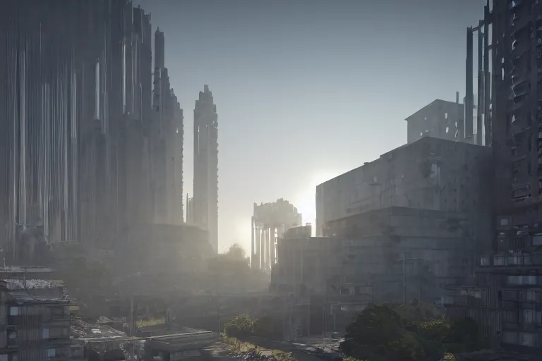 Image similar to streetscape, a towering cathedral of brutalist architecture, buildings covered with greebles, stunning volumetric light, sunset, metal, concrete and translucent material, stunning skies, majestic landscape, trending on Artstation, 8k, photorealistic, hyper detailed, unreal engine 5, IMAX quality, cinematic, epic lighting, in the style of Greg Rutkowski