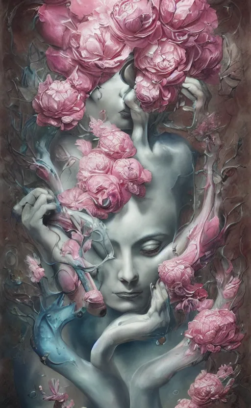 Image similar to a biomorphic painting of a vase with flowers and eyeballs in it, a surrealist painting by Marco Mazzoni, by Peter Mohrbacher, by Dorothea Tanning, pastel blues and pinks, featured on artstation, metaphysical painting, oil on canvas, fluid acrylic pour art, airbrush art,