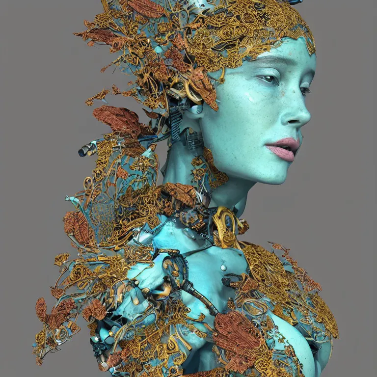 Prompt: cinema 4d colorful render, organic, ultra detailed, of a painted realistic porcelain woman's bust, scratched. biomechanical cyborg, analog, macro lens, beautiful natural soft rim light, big leaves, winged insects and stems, roots, fine foliage lace, turquoise gold details, Alexander Mcqueen high fashion haute couture, art nouveau fashion embroidered, intricate details, mesh wire, mandelbrot fractal, anatomical, facial muscles, cable wires, elegant, hyper realistic, in front of dark flower pattern wallpaper, ultra detailed, 8k post-production