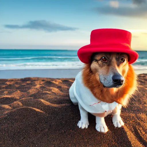 Image similar to Dog with hat on the beach having a picknick