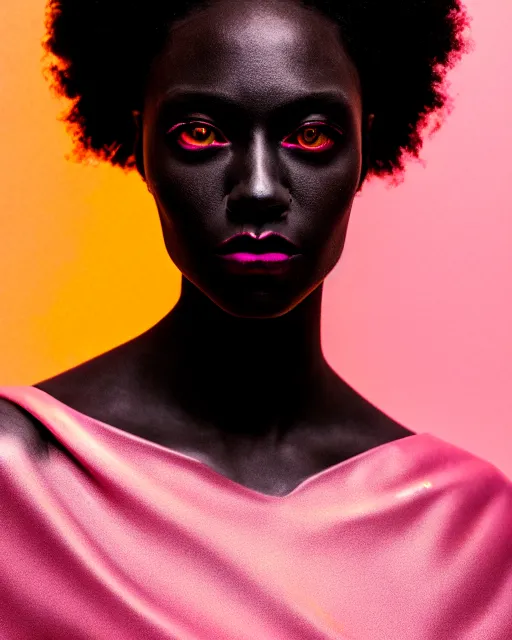 Prompt: hyperrealist highly intricate post-gothic portrait pink pearlescent exoskeleton beautiful black goddess concept art pascal blanche key sage dramatic yellow lighting 8k high angle shallow depth of field