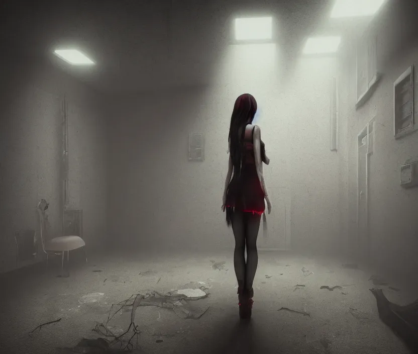 Image similar to gothic girl standing on an abandoned hospital room with red ceiling lighting and several blue lights on the walls, gloomy and foggy atmosphere, octane render, artstation trending, horror scene, highly detailded