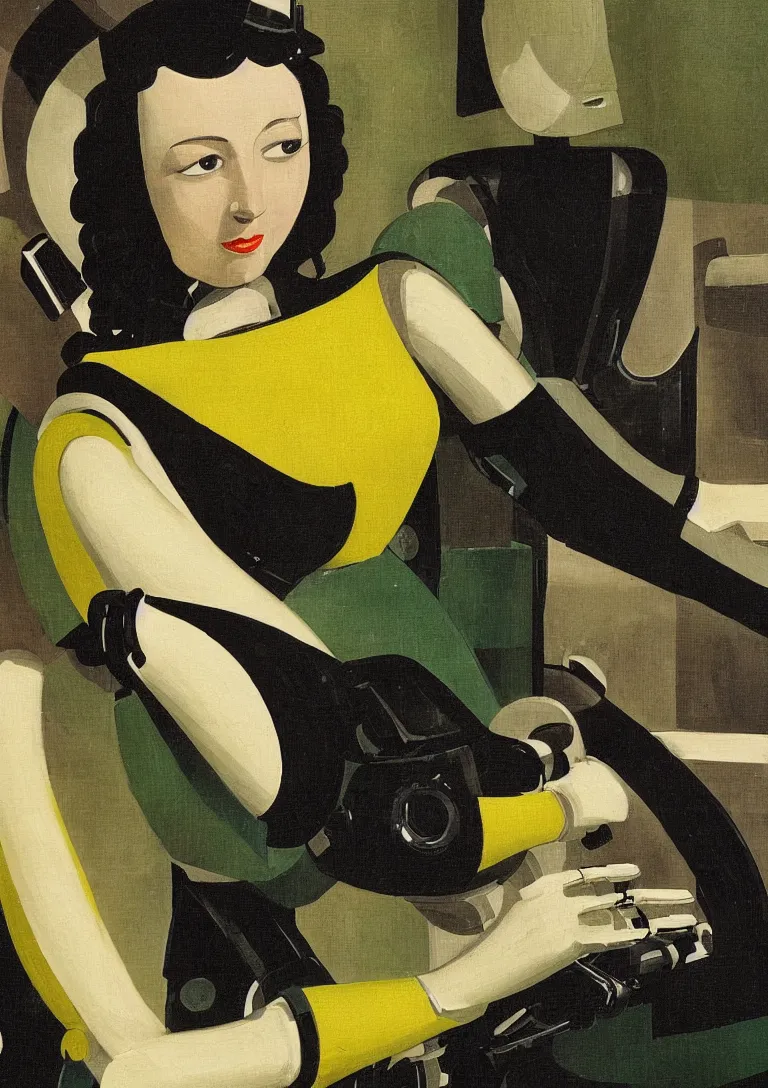 Prompt: a close up of a robot from the fifties, seated in front of a landscape background, her black hair is a long curly, she wears a dark green dress pleated in the front with yellow sleeves, puts her right hand on her left hand, a detailed neoclassicism painting