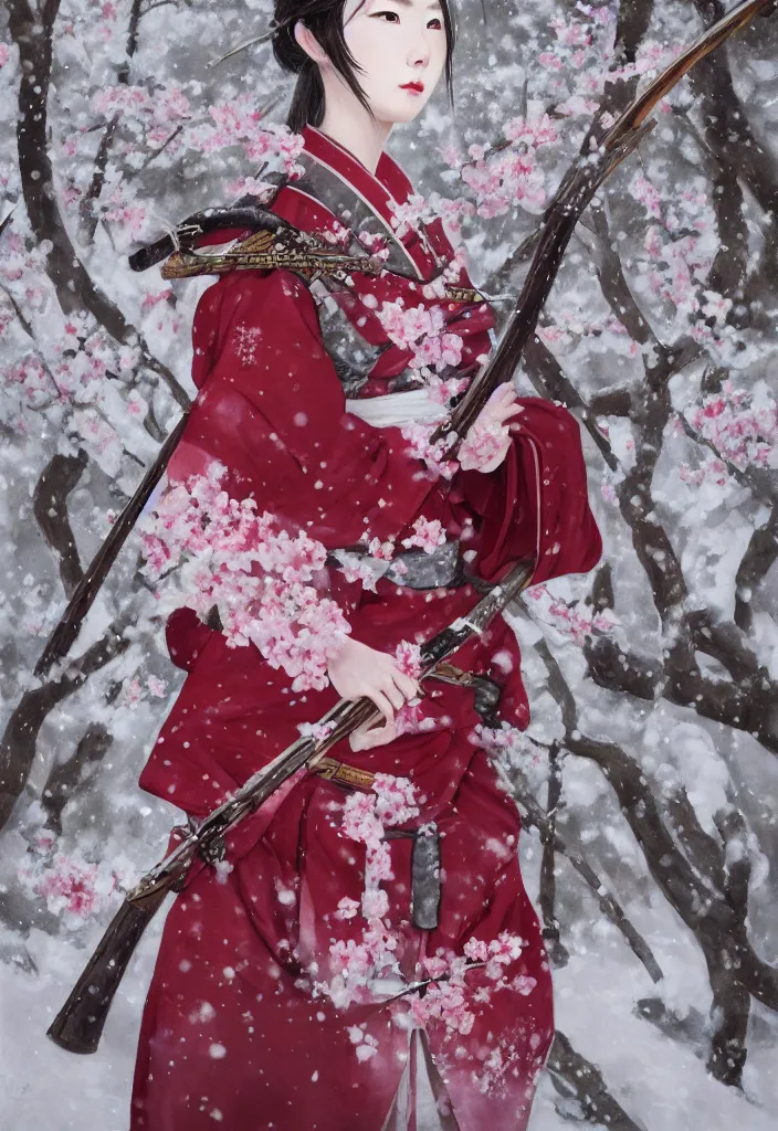 Image similar to detailed portrait of girl samurai in hakama with swords and rifles, in snow forest sakura cherry blossom, taisho roman, by wlop and krenz kushart, elite, elegant, luxury, perfect face, fine details, realistic shaded, fine - face, pretty face