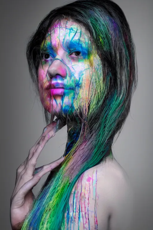 Image similar to an esoteric woman, blending into chromatography with a beautiful face!!! isolated, studio lighting
