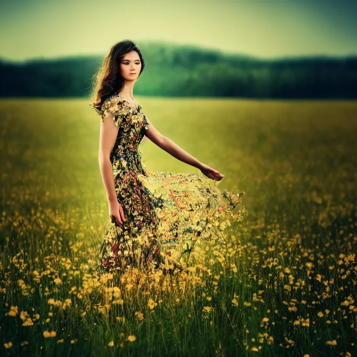 Image similar to photo of a very beautiful!! woman on intricate dress in an endless heavenly meadow, 4 k, hdr, smooth, sharp focus, high resolution, award - winning photo, trending on artstation, 5 0 mm