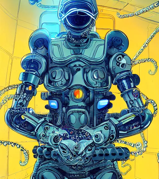 Image similar to a cybernetic realistic octopus in a space station, techwear, Industrial Scifi, detailed illustration, character portrait, graffiti style, by Martin Grip and Moebius