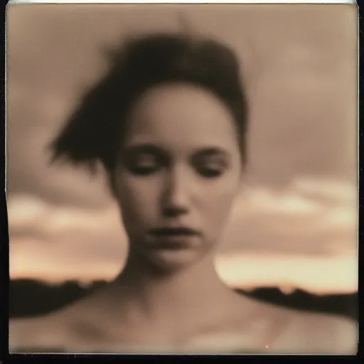 Image similar to a polaroid portrait of a beautiful young woman, detailed clouds, lit from behind, sunshine, golden hour, heavy film grain, color bleed