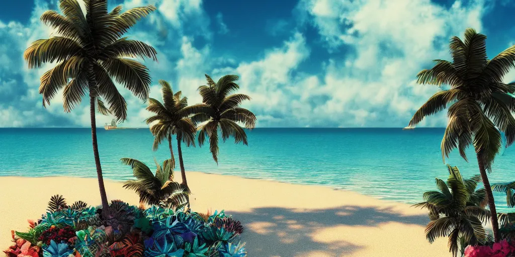 Prompt: the most beautiful tropical island, seashore, flowers, palmtrees, animals, bokeh, godrays, highly detailed, lowbrow, cinematic, artstation