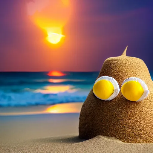 Image similar to 5 0 mm photograph, of a real anthropomorphic lemon character, with lemon skin texture, it is wearing a hat and scuba diving, building a sandcastle on the beach at sunset, beach, huge waves, sun, clouds, tropical trees, rim light, cinematic photography, professional, sand, sandcastle, volumetric lightening