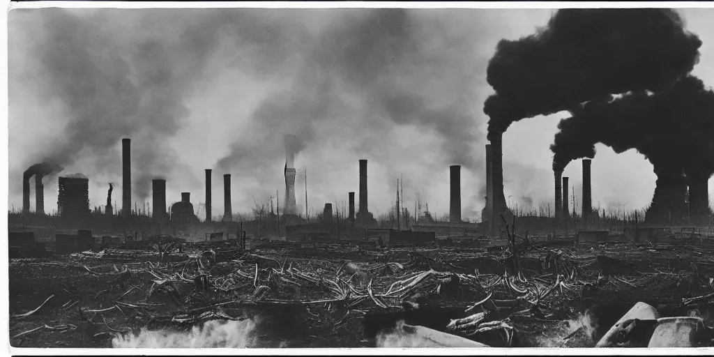 Prompt: industrial city destroying nature, 1 9 2 0 s spirit portrait photography, smoking chimneys, burning trees, cleared forest, huge industrial buildings, lonely human wanderers with pickaxe, eerie, dark, by william hope