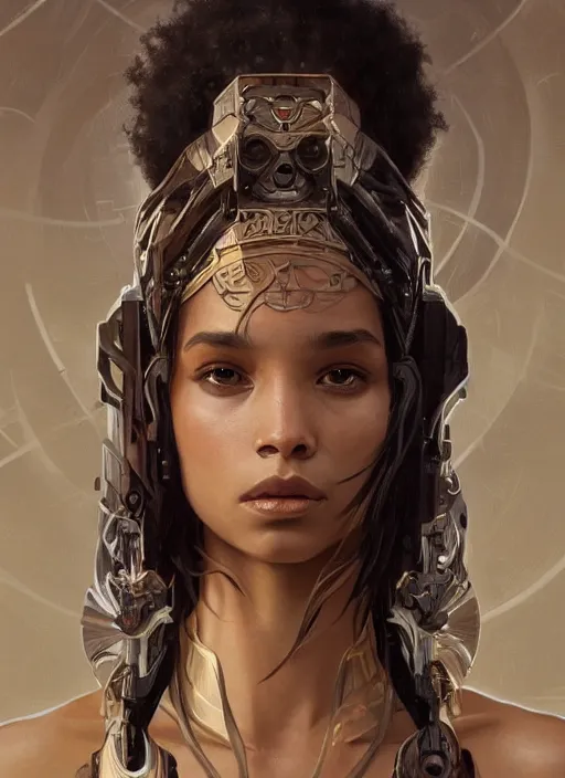 Prompt: champion splashart of symmetry!! zoe kravitz, machine parts embedded into face, intricate, elegant, highly detailed, digital painting, artstation, concept art, smooth, sharp focus, illustration, art by artgerm and greg rutkowski and alphonse mucha, 8 k