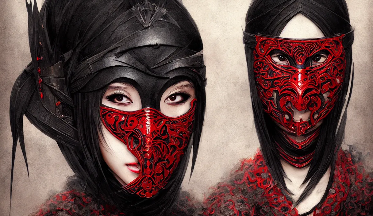 Image similar to portrait ninja mask female + smoky eyes, matt black red color ninja wardrobe in ruined yasukuni shrine, ssci - fi and fantasy, intricate and beautiful and elegant, highly detailed, digital painting, artstation, concept art, smooth and sharp focus, illustration, art by tian zi and wlop and alphonse mucha