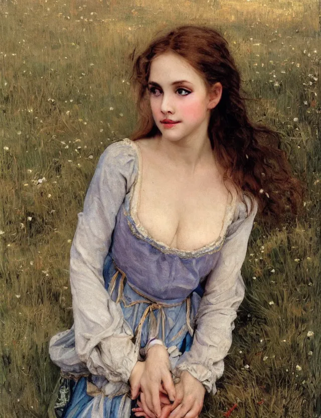 Image similar to tempting peasant girl with deep seductive décolleté looking in the camera, on a village, high angle view, portrait, Cinematic focus, Polaroid photo, vintage, neutral colors, soft lights, foggy, by Steve Hanks, by Serov Valentin, by lisa yuskavage, by Andrei Tarkovsky 8k render, detailed, oil on canvas