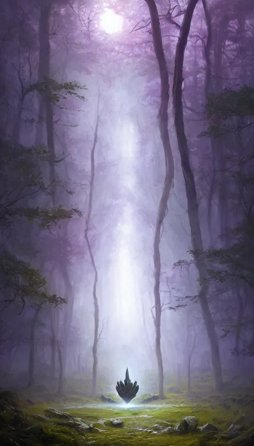 Image similar to Hyper realistic oil painting of a future sci-fi ancient god on the middle of a forest with a lot of purple trees holding a portal that's about to explode, fog, volumetric lighting, sunny day, by Greg Rutkowski and Diego Velázquez