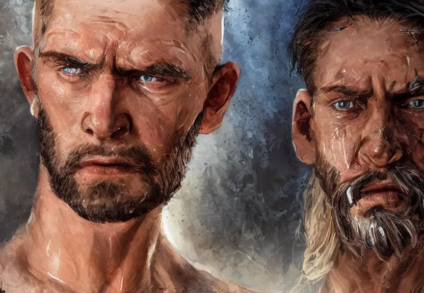Image similar to portrait of muscular, tired and alcoholic 3 0 - year - ol 5 grieving man with short darkblonde hair, serious sad look in his eyes, looking down, dirty beard, blue eyes, crying tears, wearing dirty soldier uniform, on the desert, sad atmosphere, hyper realistic face, character art, art by mark brooks, cryengine, trending on artstation, digital art