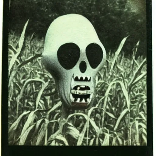 Image similar to an old polaroid of a creepy monster in a cornfield