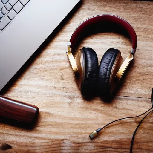 Prompt: meze classics headphones on a mahogany desk next to a sleek macbook, wooden headphones, wood headphones, gold metals, high detail, extreme quality, photocraphic, meze audio, sennheiser, hifi