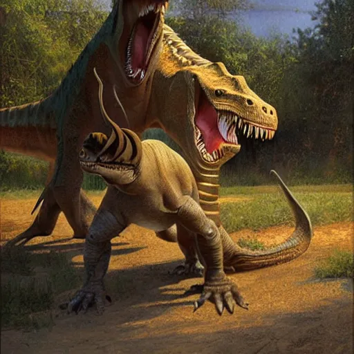 Image similar to dinosaur playing with a young girl by James Gurney