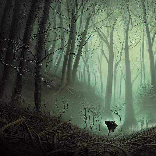 Image similar to Creatures never seen before in a creepy dark forest, digital art, trending on artstation