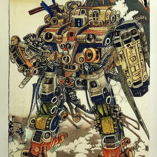 Prompt: steampunk mech in the style of Utagawa Kuniyoshi, classical japanese art, sci-fi illustrations, mechwarrior, battletech, gundam, highly detailed, award-winning, patriotic, japanese, dark, gritty, ink