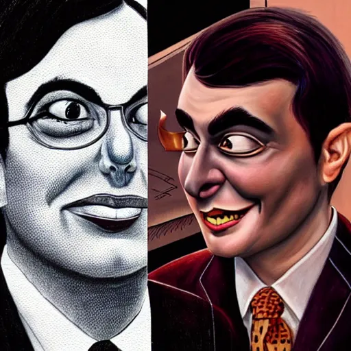 Image similar to beautiful lifelike painting of martin shkreli and the batman happily married, hyperreal detailed facial features and uv lighting, art by ed roth and basil wolverton