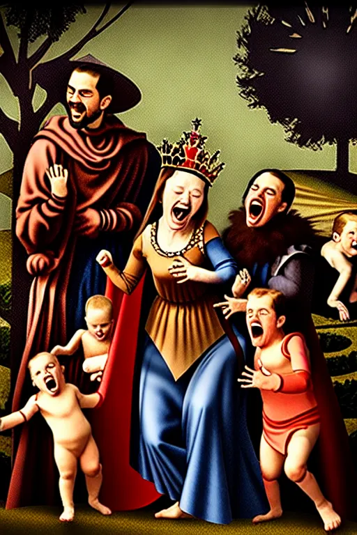 Prompt: renaissance style creepy family screaming, wearing a crown and a cape, dark background, atomic explosion