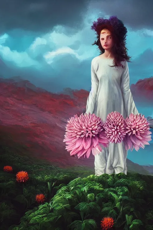 Prompt: closeup girl with giant dahlia flower as head, standing on mountain, surreal photography, blue storm clouds, dramatic light, impressionist painting, digital painting, artstation, simon stalenhag