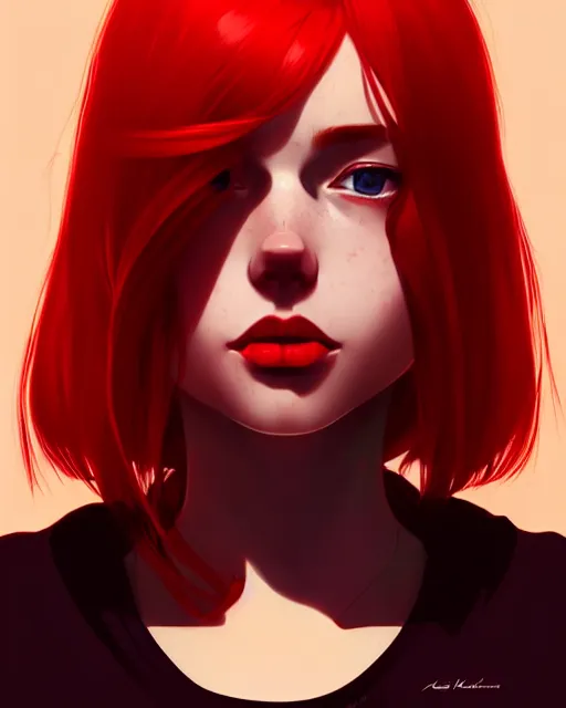 Image similar to a detailed portrait of an attractive woman with red hair and freckles by ilya kuvshinov, digital art, dramatic lighting, dramatic angle