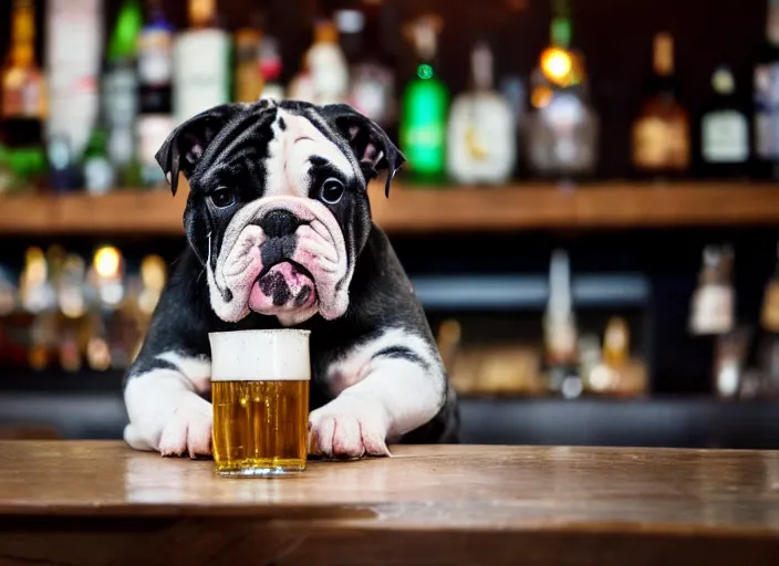 Prompt: a closeup, 4 5 mm, detailed photograph of a english bulldog holding a beer on a bar - stool, sitting at a bar on a bar - stool, beautiful low light, 4 5 mm, by franz lanting