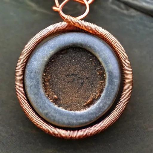 Prompt: a beautiful circular pendant made of sand and dirt, tied together by copper wire