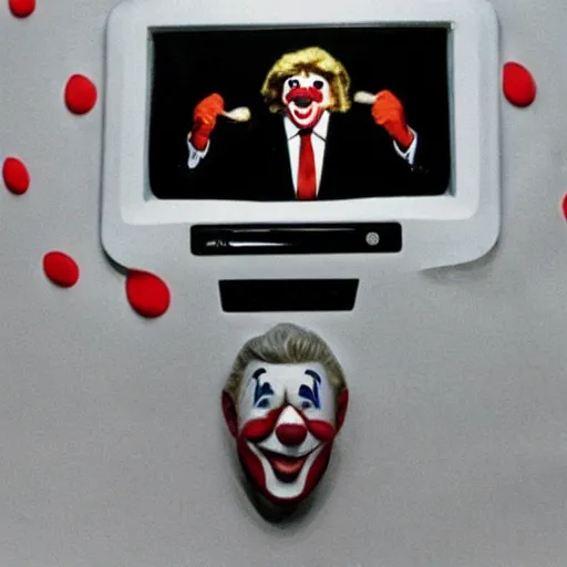 Image similar to photo of an 8 0's television with a president that has a clown face giving a speech