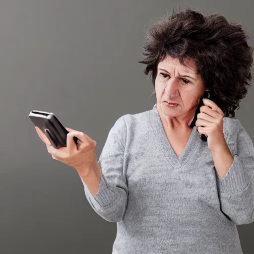 Image similar to astonished middle aged lady looking at smartphone angrily, wild hair, greek ethnicity, straight grey hair, angry eyes,