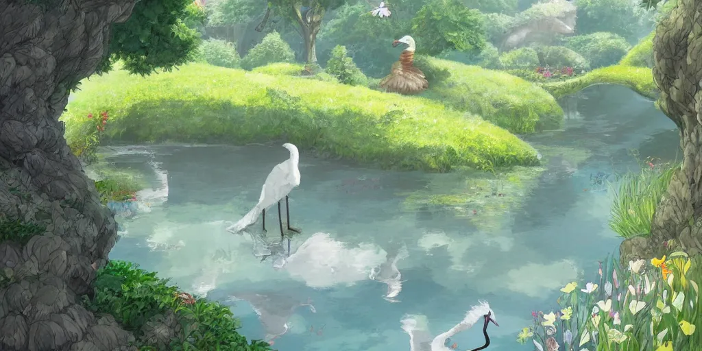 Prompt: 🦢🌻, ghibli studio, artstation