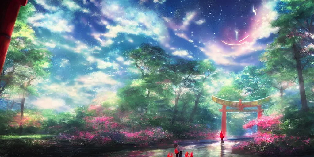 reimu walking in cloud pond forest dusk, giant torii | Stable ...